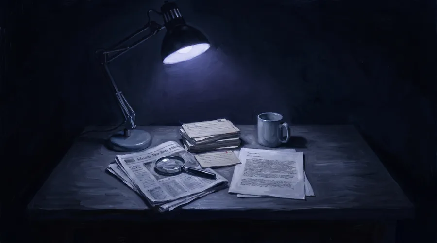 Painting of a research desk at night with newspapers, index cards and a magnifying glass under an anglepoise lamp