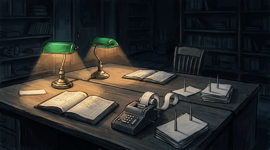Painting of a record company accounts room at night, ledgers and an adding machine under green-shaded lamps
