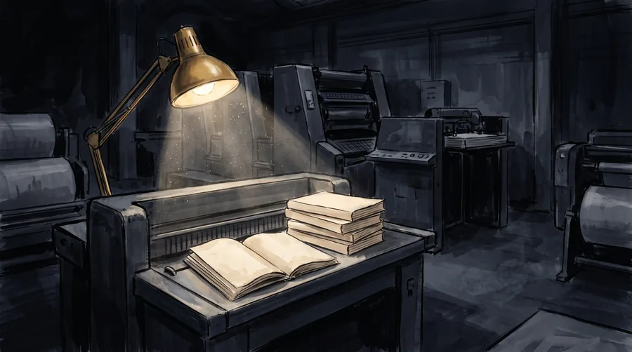Painting of a press room at night with a stack of freshly bound blank paperbacks under a work lamp