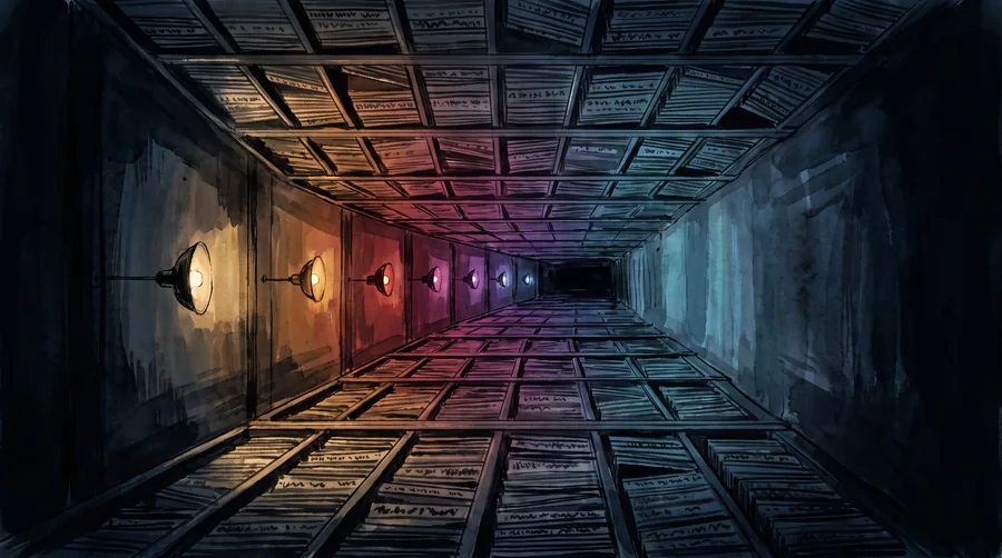 Painting of a long corridor of record spines, their colour running from gold in the foreground to cold blue in the distance