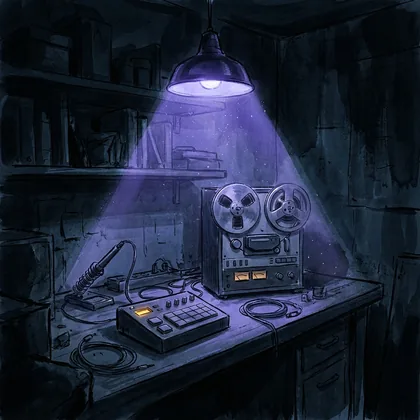 Painting of a workbench with an open-reel tape machine and a drum machine under a hanging lamp