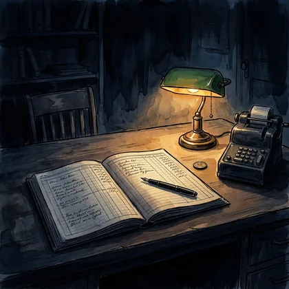 Painting of an open ledger under a desk lamp with a fountain pen and a single coin