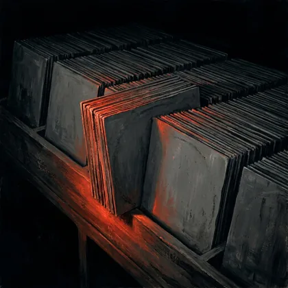 Painting of a record rack of plain unmarked sleeves, one pulled forward