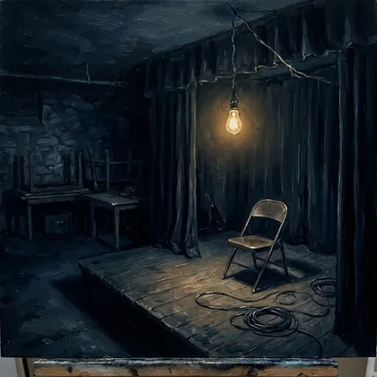 Painting of an empty basement club before opening, one bare bulb over a low stage